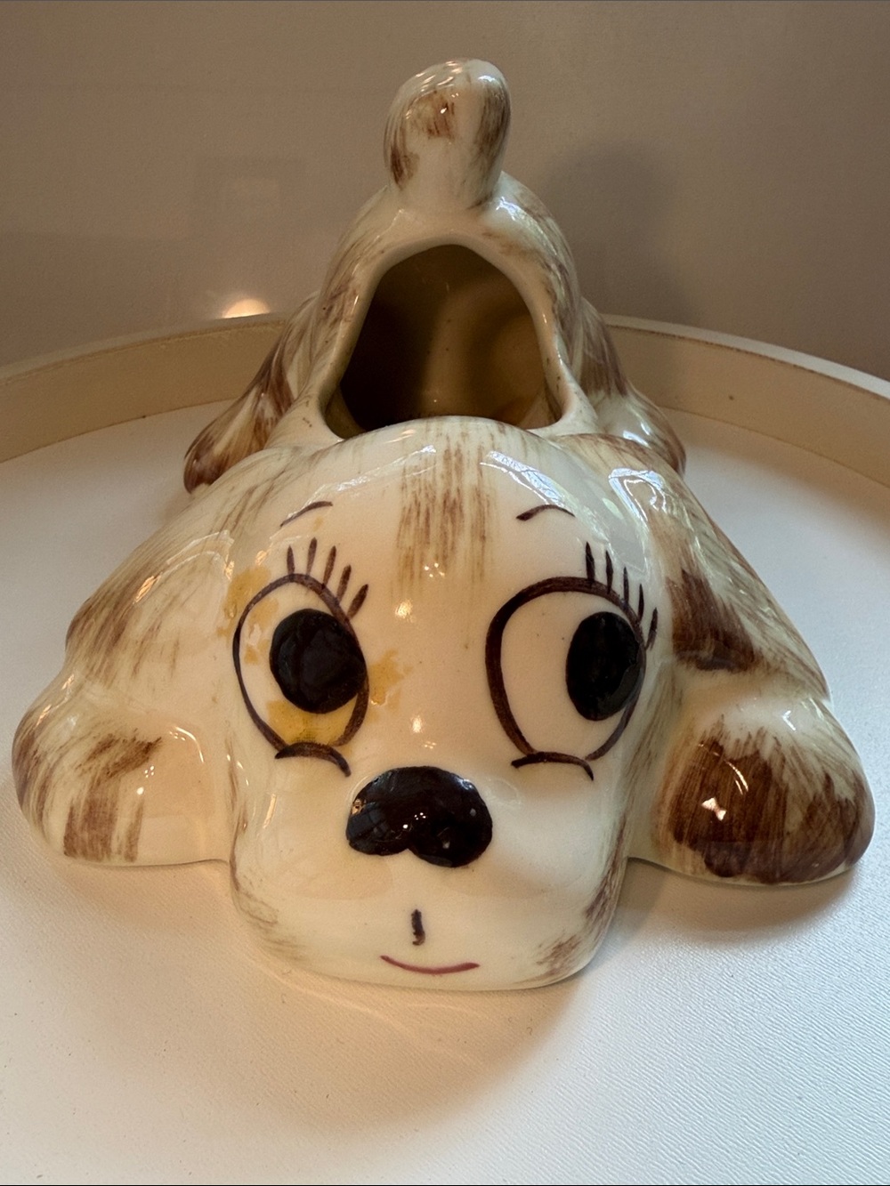 🐶🪴 Vintage Hand-painted Ceramic Playful Pup Planter, c. 1950s-60s